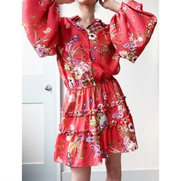 Alexis Loe Floral Ruffle Long Puff Sleeve Ruffle Mini Dress Red Orange XS - Picture 3 of 14